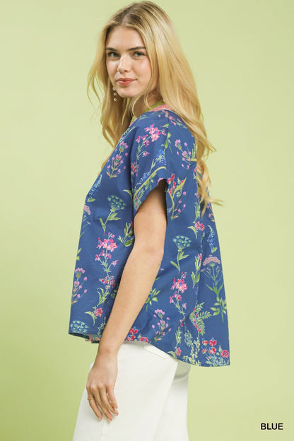 Umgee Botanical Floral Button Front Top - Bitsy Gypsy Boutique