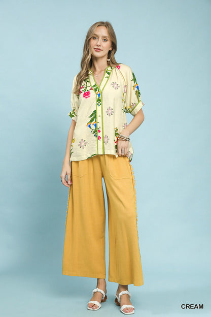 Umgee Botanical Print Contrast Trim Button Blouse - Bitsy Gypsy Boutique