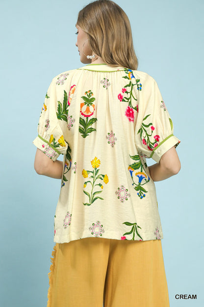 Umgee Botanical Print Contrast Trim Button Blouse - Bitsy Gypsy Boutique