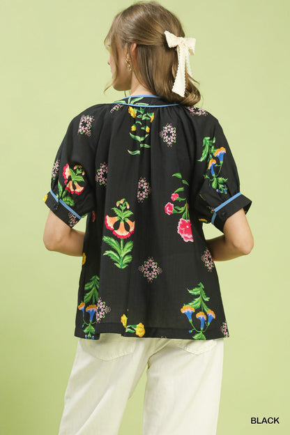 Umgee Botanical Print Contrast Trim Button Blouse - Bitsy Gypsy Boutique