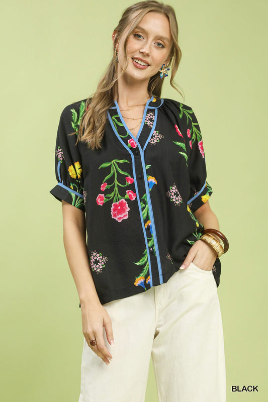 Umgee Botanical Print Contrast Trim Button Blouse - Bitsy Gypsy Boutique