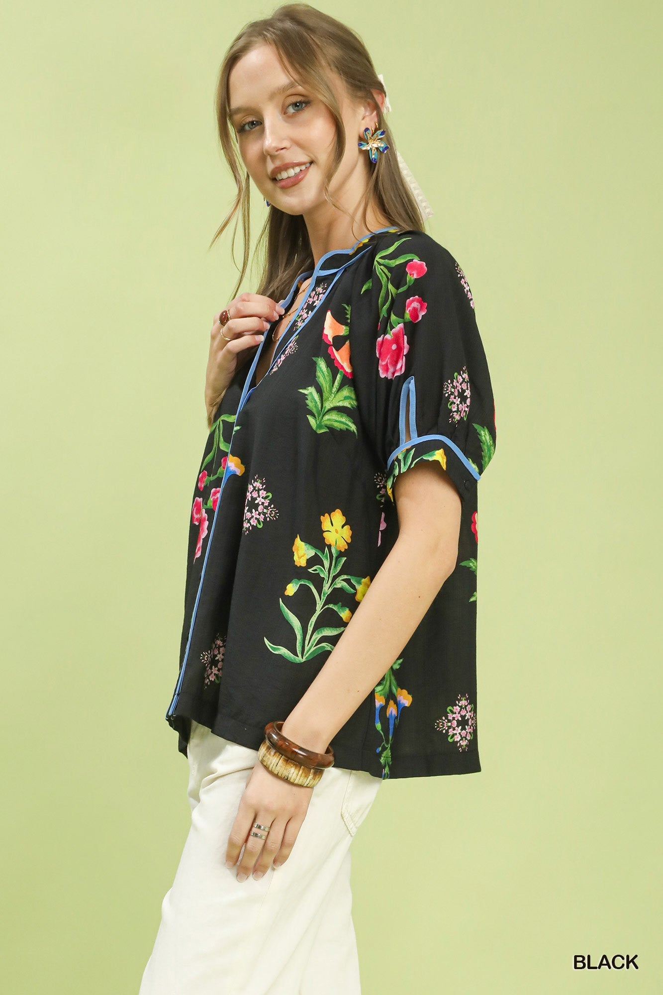 Umgee Botanical Print Contrast Trim Button Blouse - Bitsy Gypsy Boutique