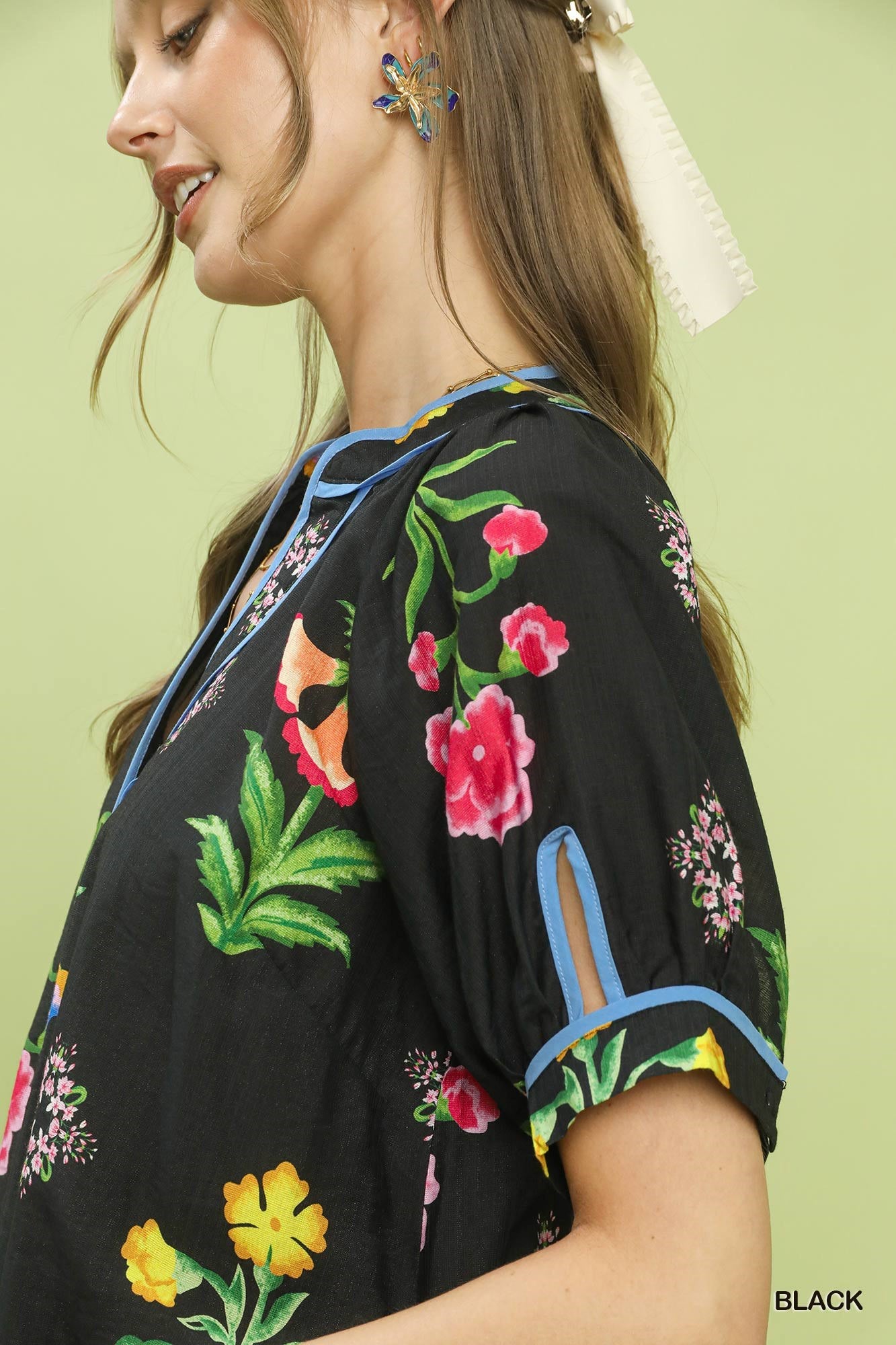 Umgee Botanical Print Contrast Trim Button Blouse - Bitsy Gypsy Boutique