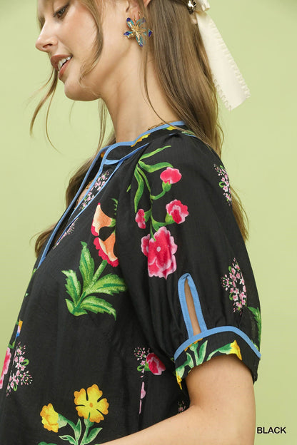 Umgee Botanical Print Contrast Trim Button Blouse - Bitsy Gypsy Boutique