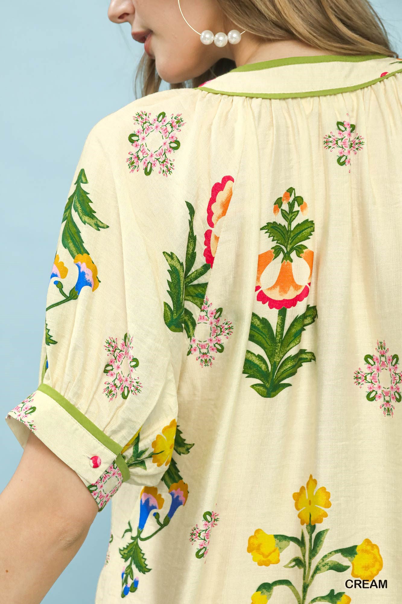 Umgee Botanical Print Contrast Trim Button Blouse - Bitsy Gypsy Boutique