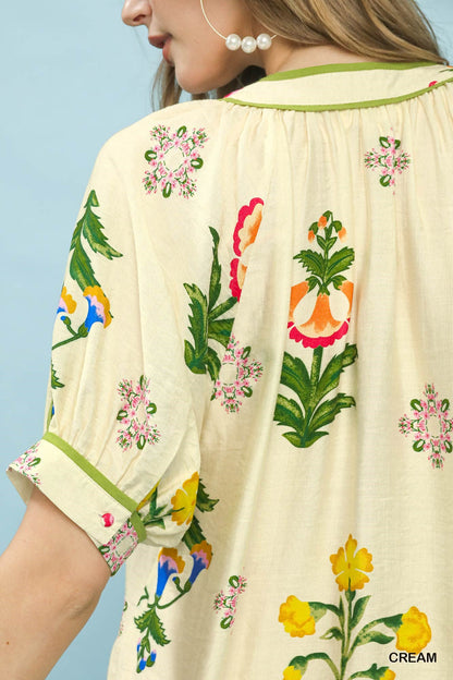 Umgee Botanical Print Contrast Trim Button Blouse - Bitsy Gypsy Boutique