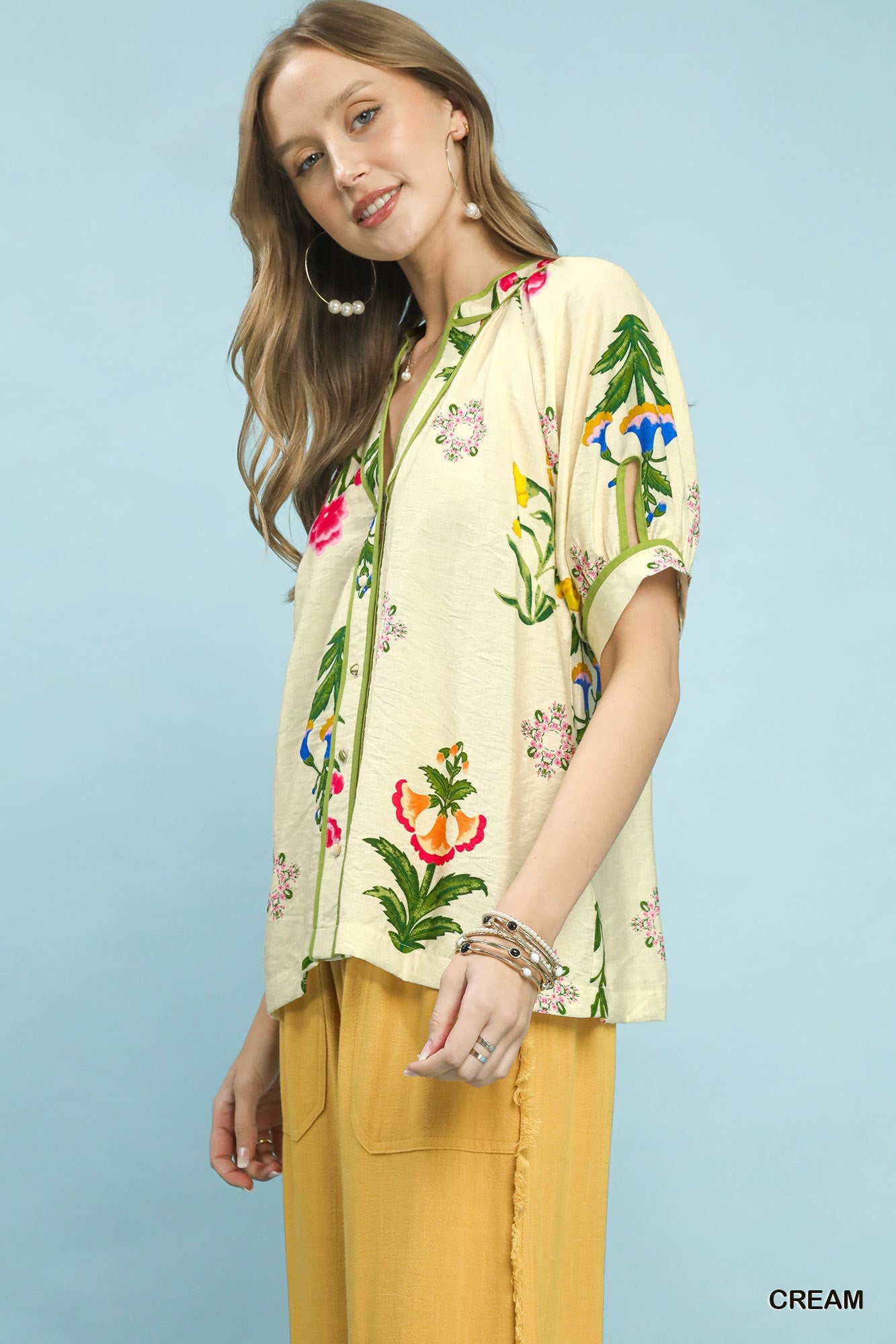 Umgee Botanical Print Contrast Trim Button Blouse - Bitsy Gypsy Boutique