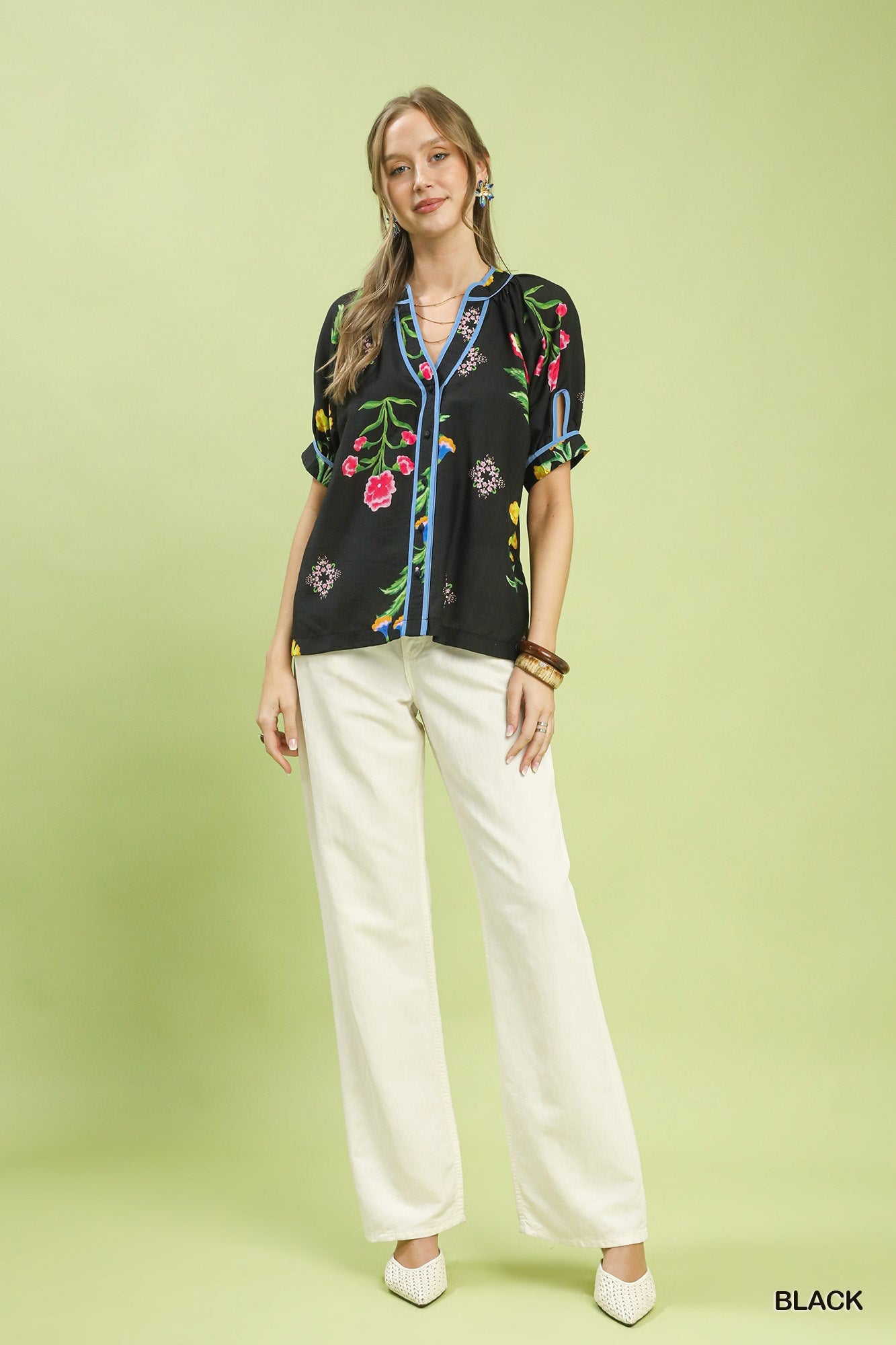 Umgee Botanical Print Contrast Trim Button Blouse - Bitsy Gypsy Boutique