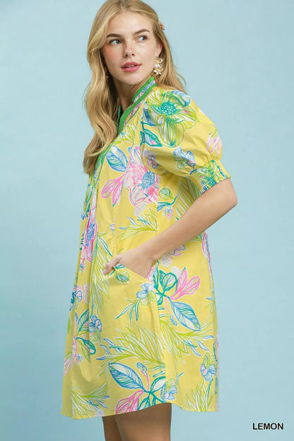 Umgee Botanical Print Dress with Smocked Cuffs - Bitsy Gypsy Boutique