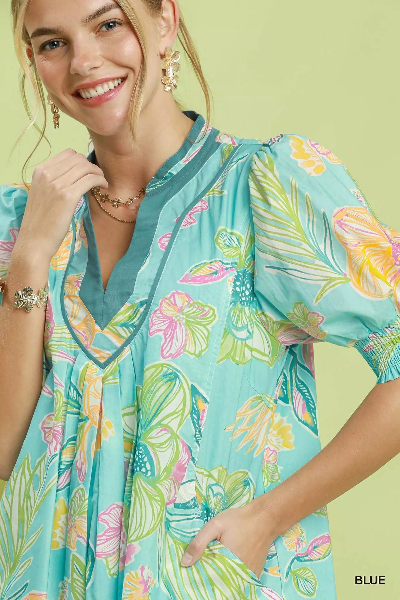 Umgee Botanical Print Dress with Smocked Cuffs - Bitsy Gypsy Boutique