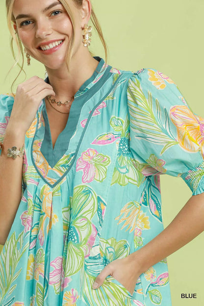 Umgee Botanical Print Dress with Smocked Cuffs - Bitsy Gypsy Boutique