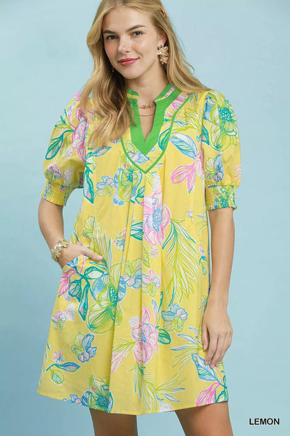 Umgee Botanical Print Dress with Smocked Cuffs - Bitsy Gypsy Boutique