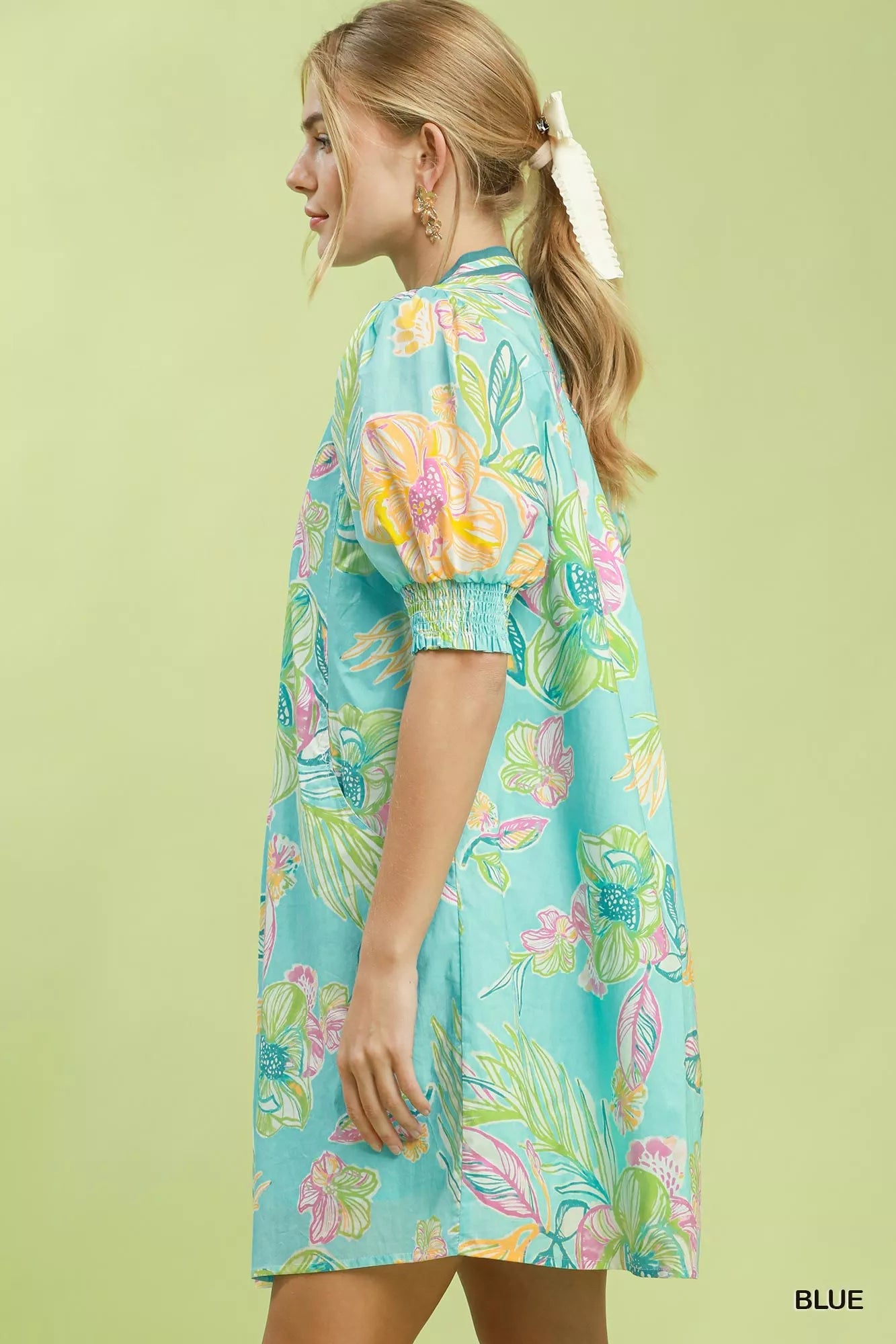 Umgee Botanical Print Dress with Smocked Cuffs - Bitsy Gypsy Boutique