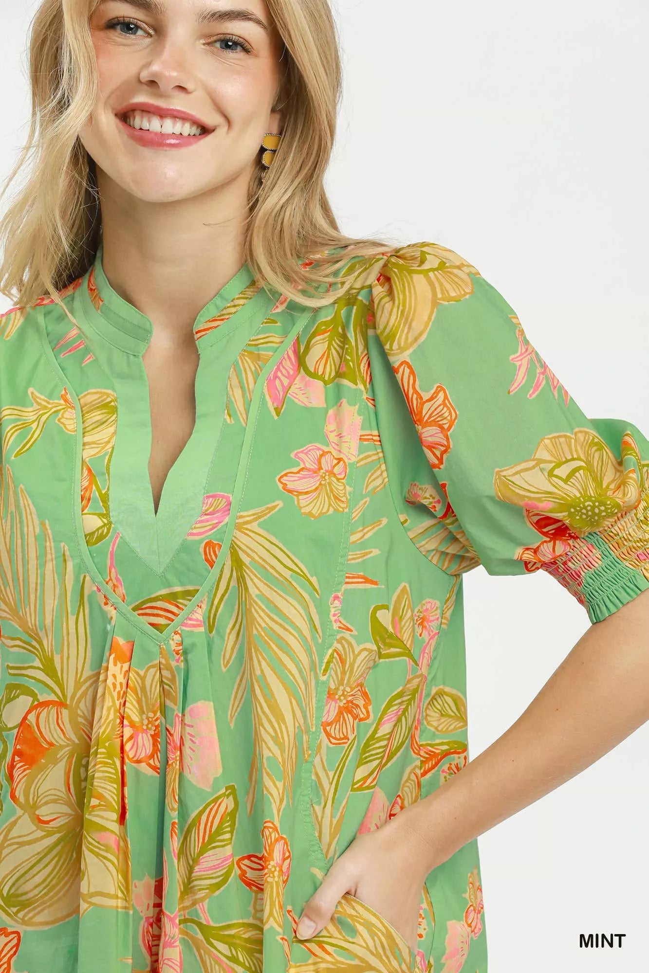 Umgee Botanical Print Dress with Smocked Cuffs - Bitsy Gypsy Boutique
