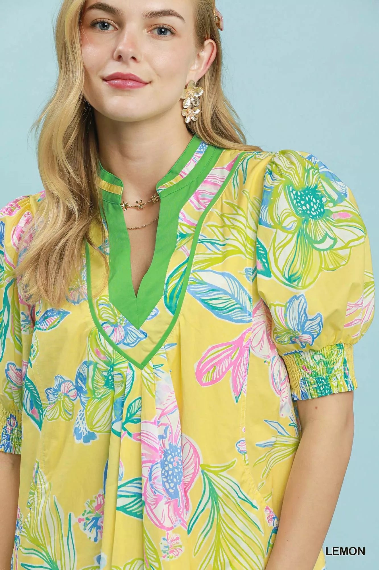 Umgee Botanical Print Dress with Smocked Cuffs - Bitsy Gypsy Boutique