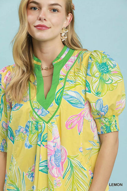 Umgee Botanical Print Dress with Smocked Cuffs - Bitsy Gypsy Boutique