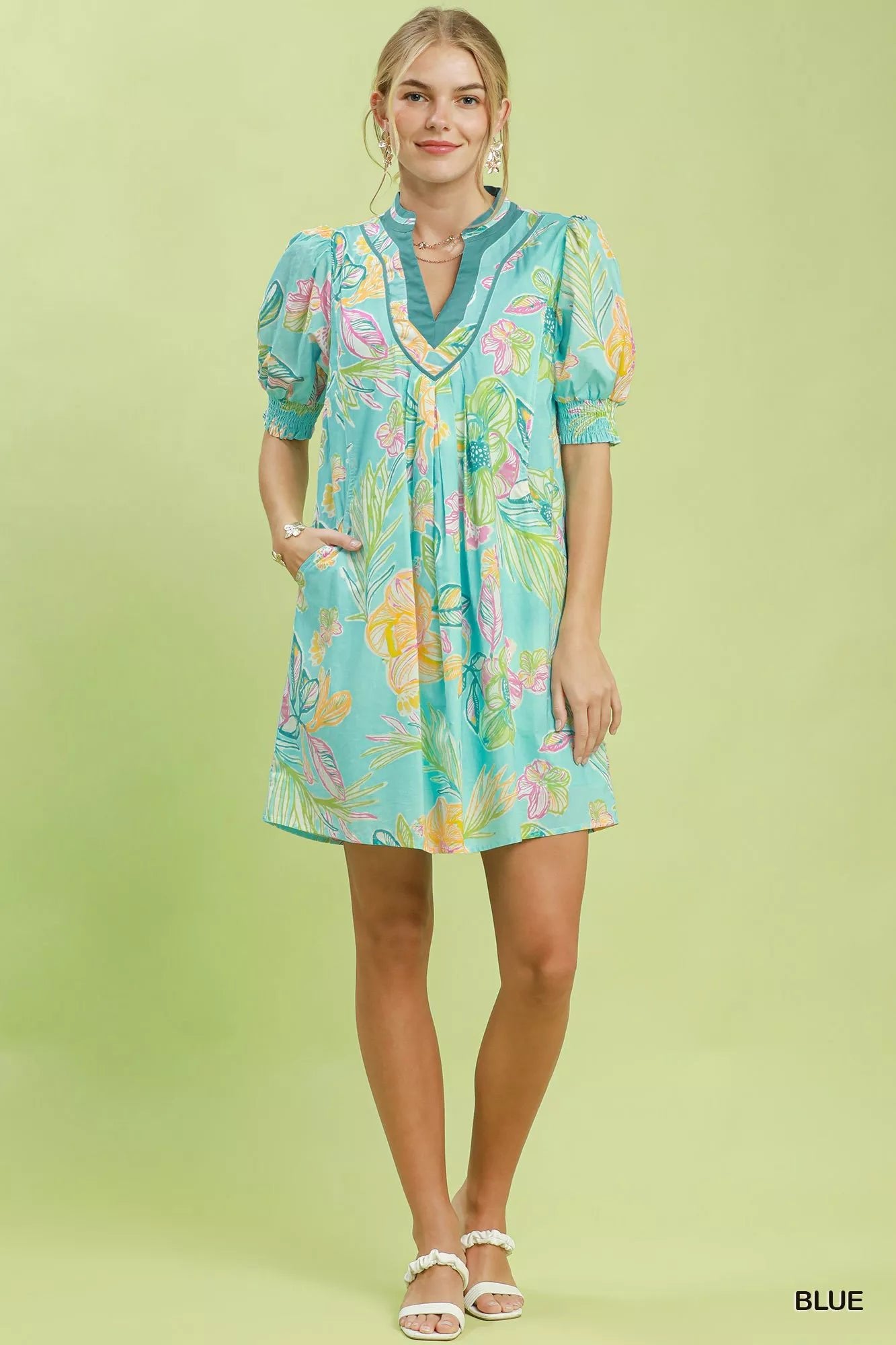 Umgee Botanical Print Dress with Smocked Cuffs - Bitsy Gypsy Boutique