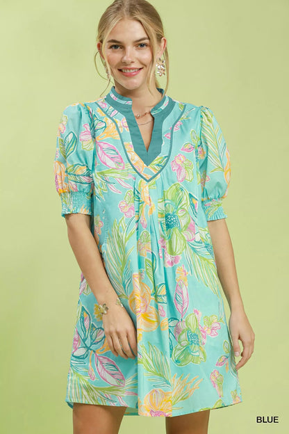 Umgee Botanical Print Dress with Smocked Cuffs - Bitsy Gypsy Boutique