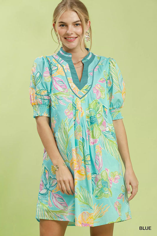 Umgee Botanical Print Dress with Smocked Cuffs - Bitsy Gypsy Boutique