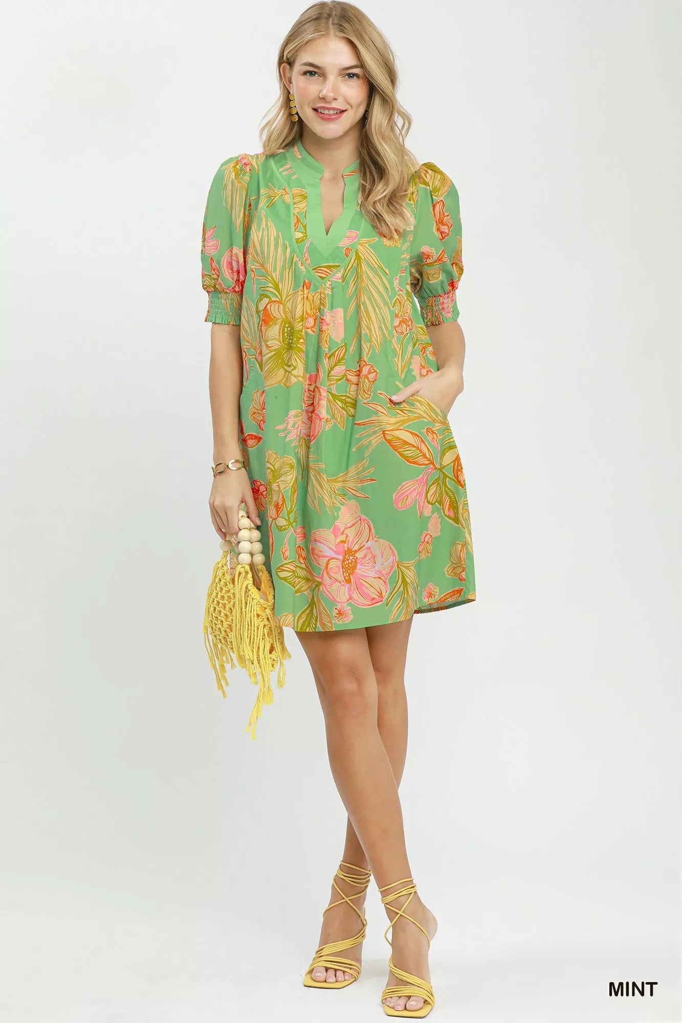 Umgee Botanical Print Dress with Smocked Cuffs - Bitsy Gypsy Boutique