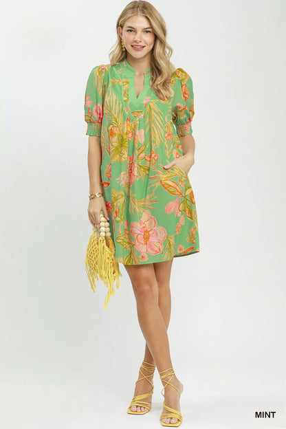 Umgee Botanical Print Dress with Smocked Cuffs - Bitsy Gypsy Boutique