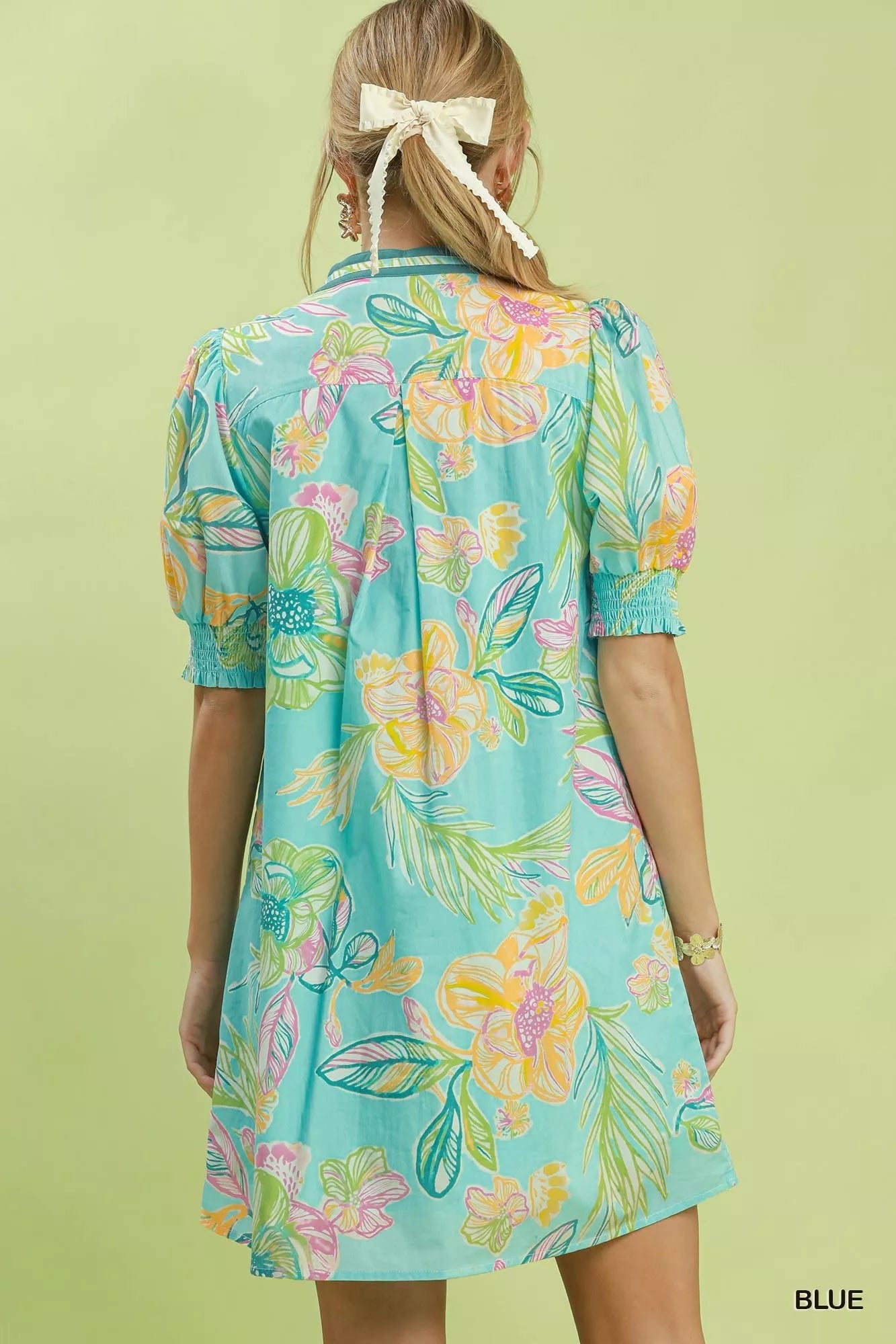 Umgee Botanical Print Dress with Smocked Cuffs - Bitsy Gypsy Boutique