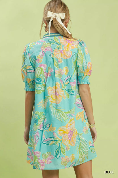 Umgee Botanical Print Dress with Smocked Cuffs - Bitsy Gypsy Boutique