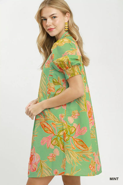 Umgee Botanical Print Dress with Smocked Cuffs - Bitsy Gypsy Boutique