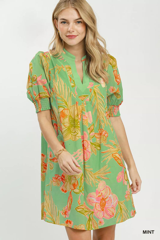 Umgee Botanical Print Dress with Smocked Cuffs - Bitsy Gypsy Boutique