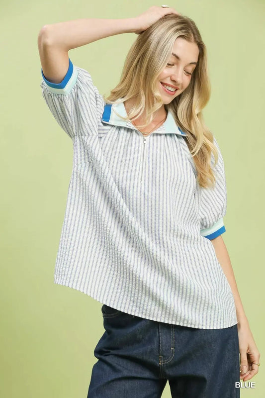 Umgee Botanical Print Puff Short Sleeve Blouse - Bitsy Gypsy Boutique