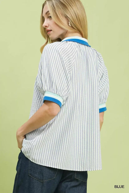 Umgee Botanical Print Puff Short Sleeve Blouse - Bitsy Gypsy Boutique