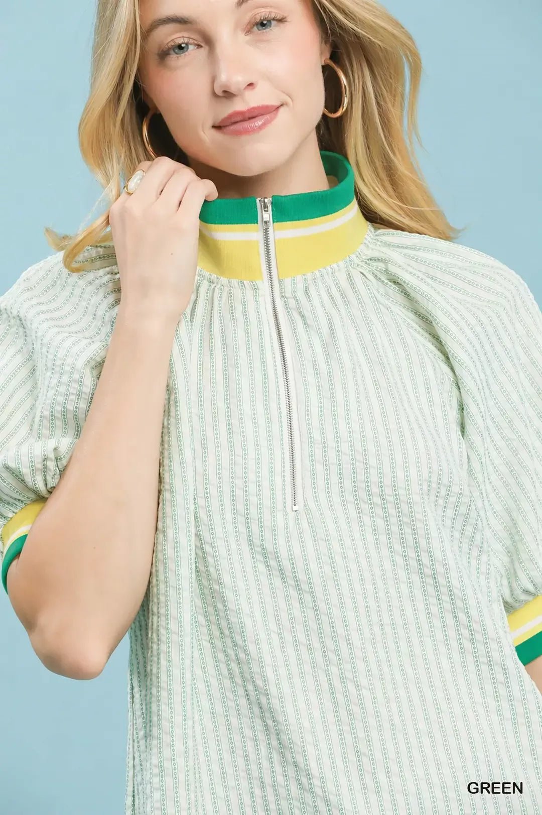 Umgee Botanical Print Puff Short Sleeve Blouse with Contrast Collar - Bitsy Gypsy Boutique