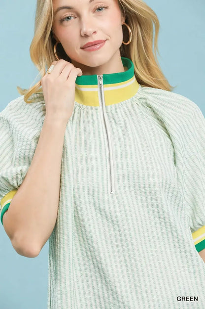 Umgee Botanical Print Puff Short Sleeve Blouse with Contrast Collar - Bitsy Gypsy Boutique