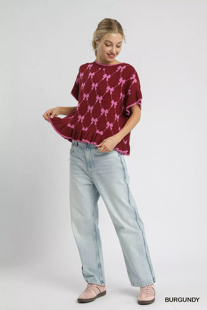 Umgee Bow Knit Ruffle Sleeve Sweater - Bitsy Gypsy Boutique