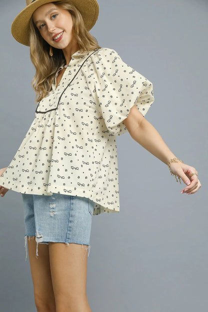 Umgee Bow Print Puff Sleeve Blouse - Bitsy Gypsy Boutique