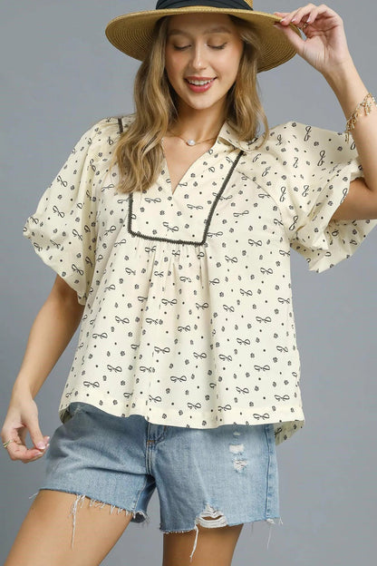 Umgee Bow Print Puff Sleeve Blouse - Bitsy Gypsy Boutique
