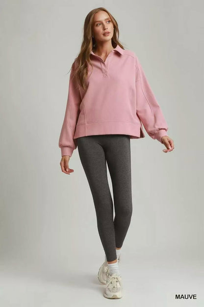 Umgee Brushed Waffle Polo Collared Pullover - Bitsy Gypsy Boutique