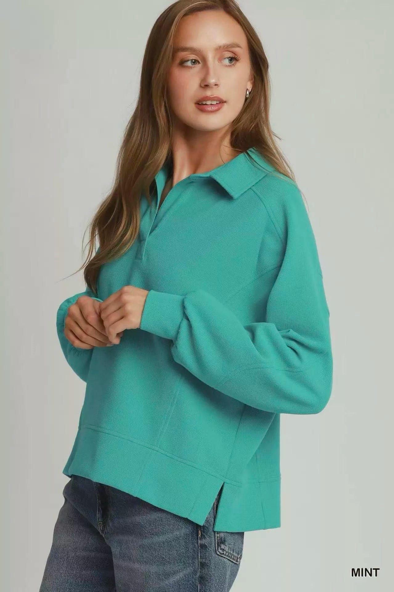 Umgee Brushed Waffle Polo Collared Pullover - Bitsy Gypsy Boutique