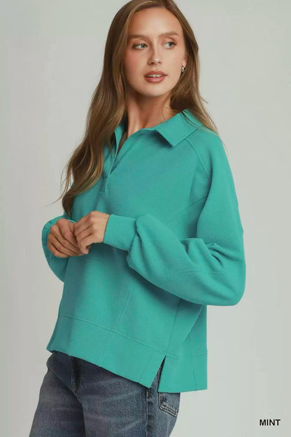 Umgee Brushed Waffle Polo Collared Pullover - Bitsy Gypsy Boutique