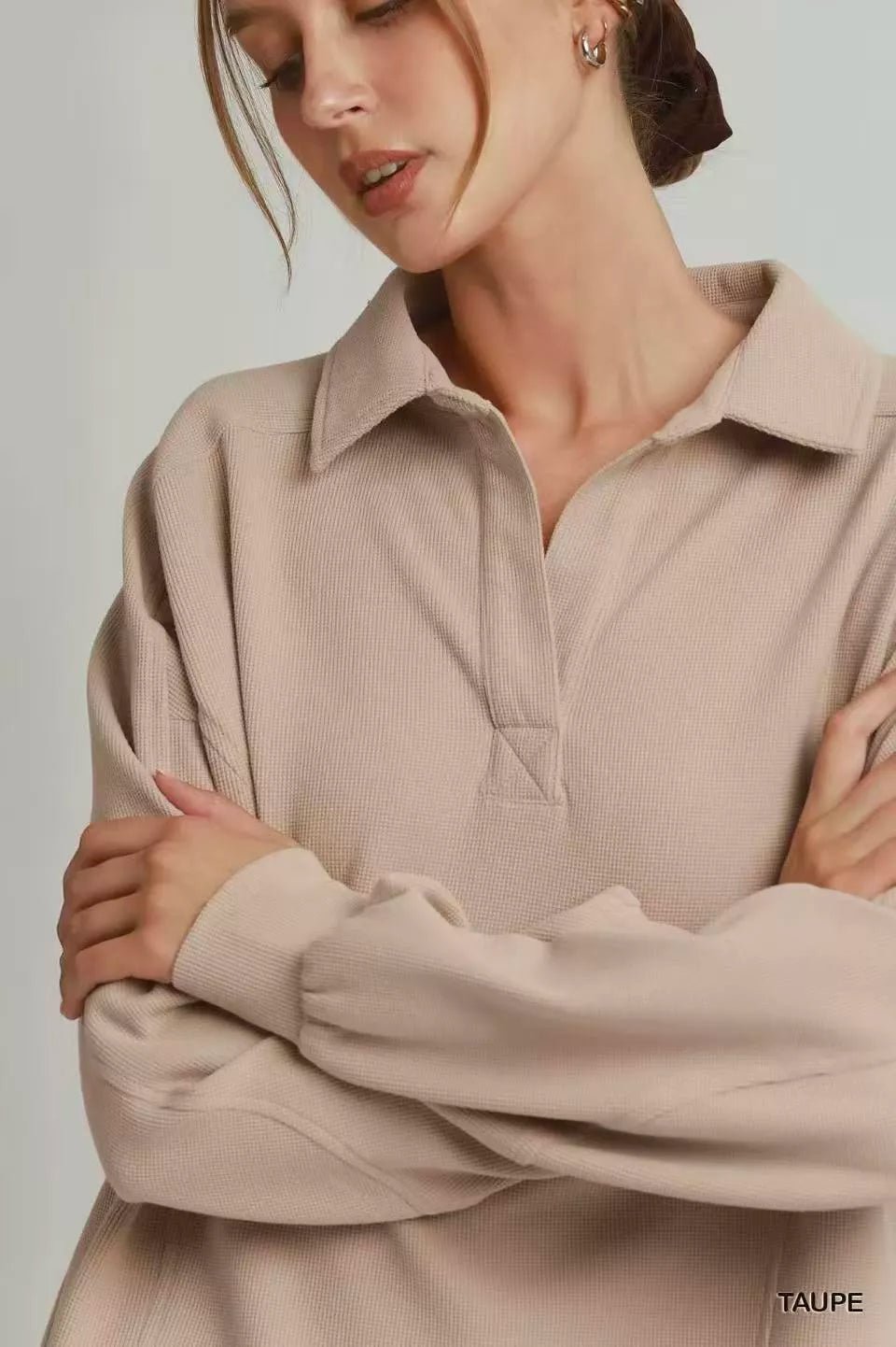 Umgee Brushed Waffle Polo Collared Pullover - Bitsy Gypsy Boutique