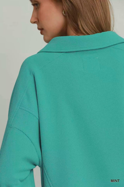 Umgee Brushed Waffle Polo Collared Pullover - Bitsy Gypsy Boutique
