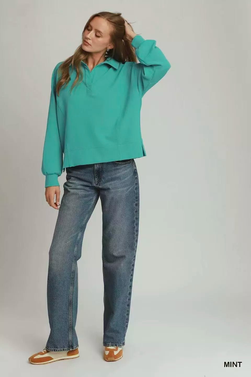 Umgee Brushed Waffle Polo Collared Pullover - Bitsy Gypsy Boutique