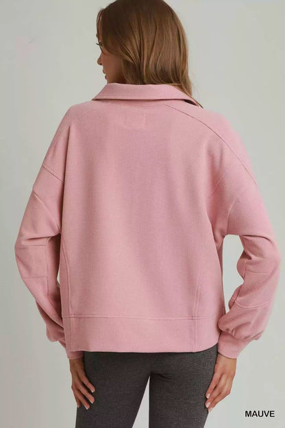 Umgee Brushed Waffle Polo Collared Pullover - Bitsy Gypsy Boutique