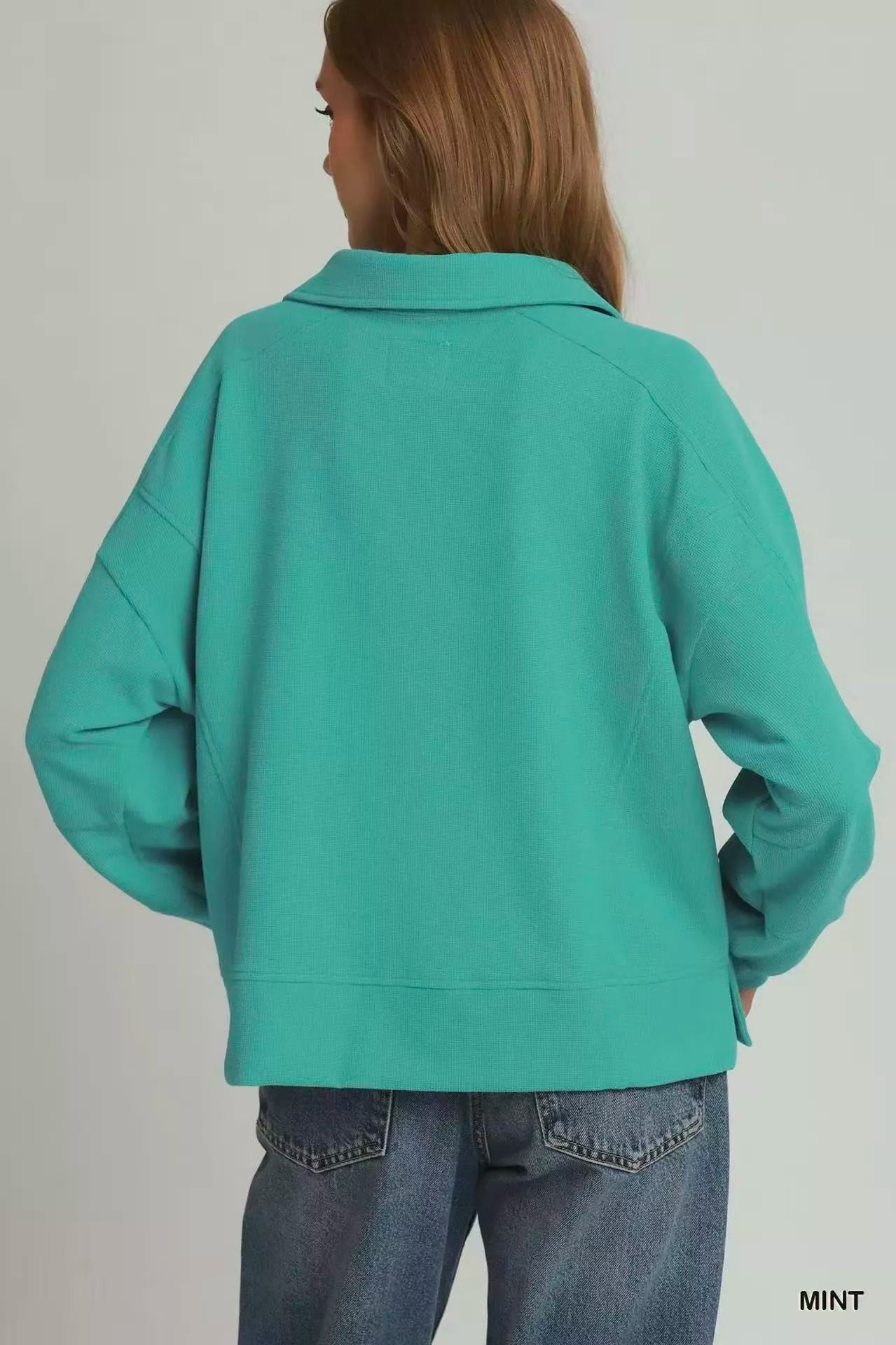 Umgee Brushed Waffle Polo Collared Pullover - Bitsy Gypsy Boutique