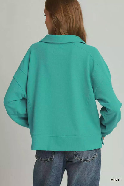 Umgee Brushed Waffle Polo Collared Pullover - Bitsy Gypsy Boutique