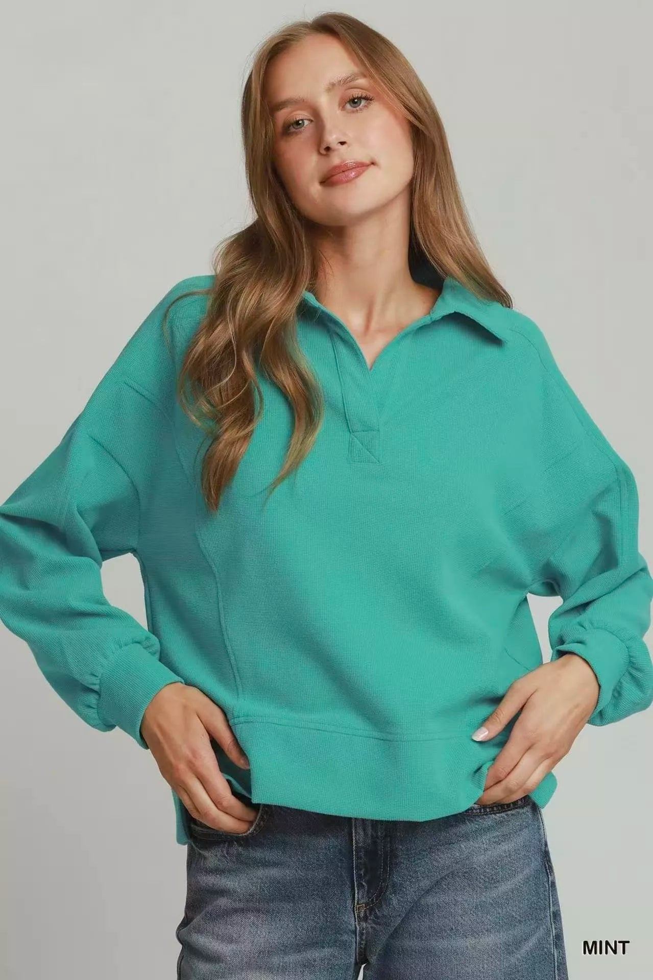 Umgee Brushed Waffle Polo Collared Pullover - Bitsy Gypsy Boutique