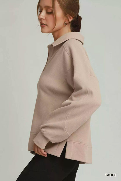 Umgee Brushed Waffle Polo Collared Pullover - Bitsy Gypsy Boutique