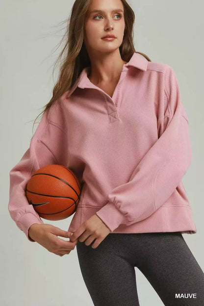 Umgee Brushed Waffle Polo Collared Pullover - Bitsy Gypsy Boutique