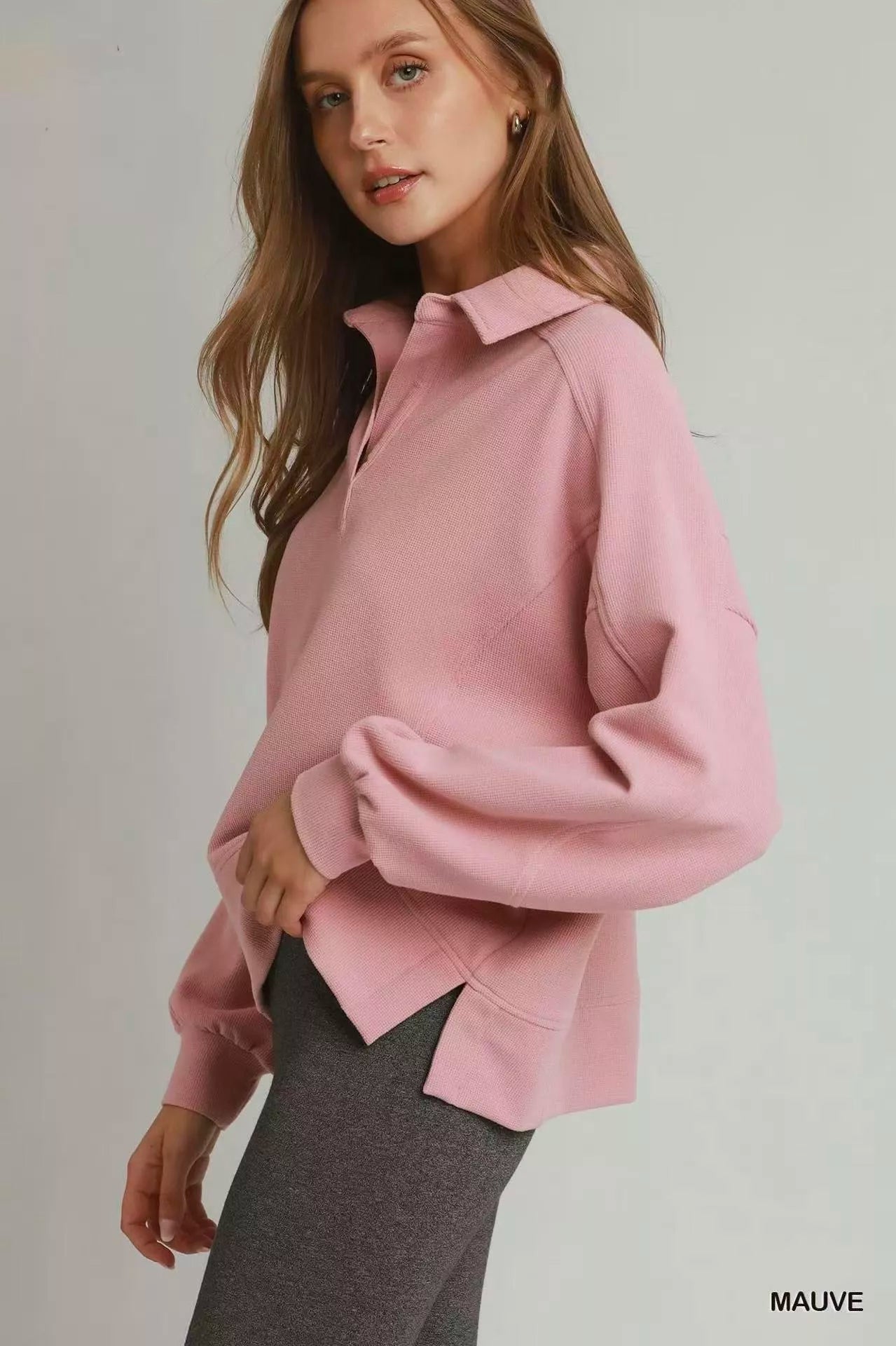 Umgee Brushed Waffle Polo Collared Pullover - Bitsy Gypsy Boutique