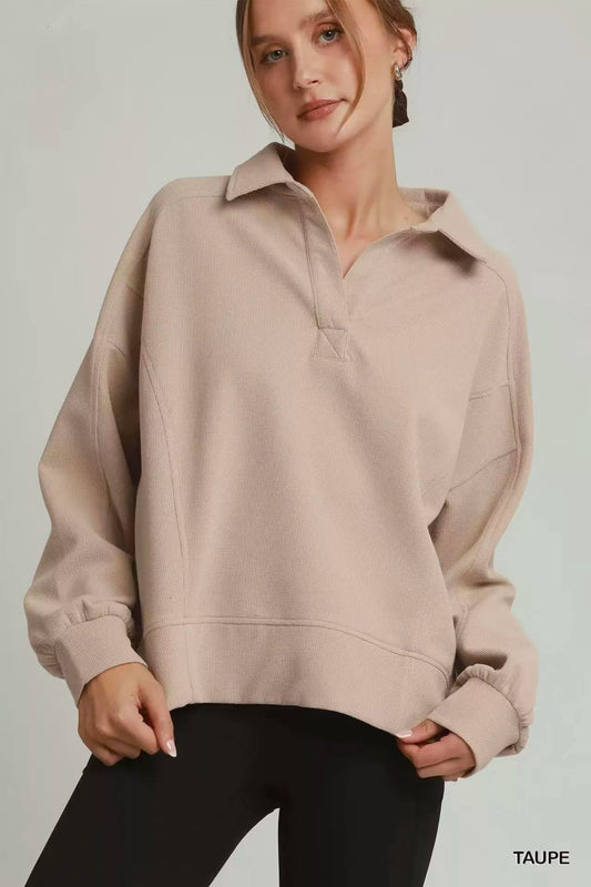 Umgee Brushed Waffle Polo Collared Pullover - Bitsy Gypsy Boutique